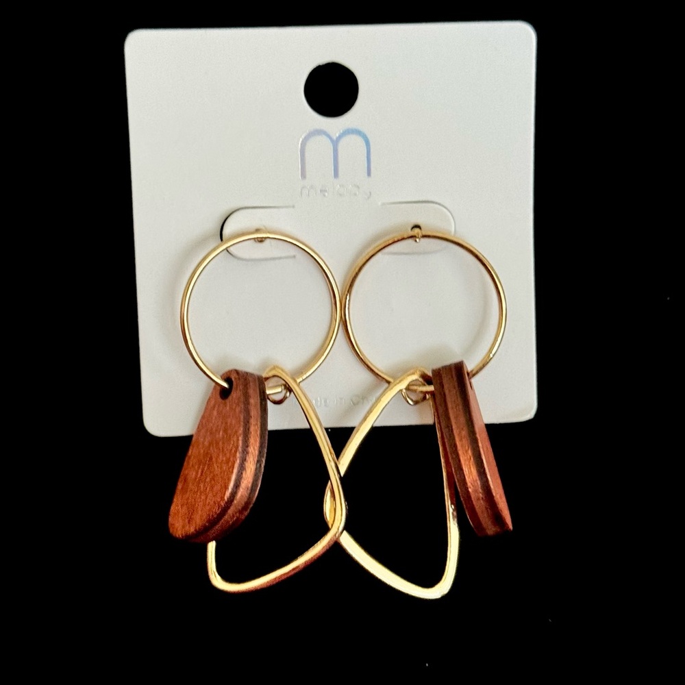 Gold Tone Geometric Dangle Earrings w/ Orange Wood Accents